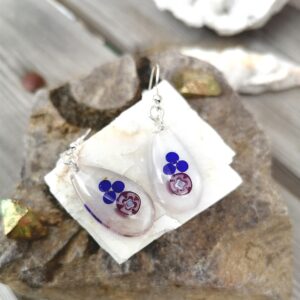 Boucles gouttes d’eau  Argent – Verre soufflé de Murano  bleu et rose- “Lac d’Ô”