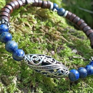 Bracelet Nature (taille M/L), bois d’érable et pierre Lapis Lazuli, sur un tour inox mémoire de forme