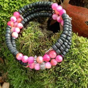 Bracelet Nature (taille M/L), en perles de coco et jade rose : “Amour”