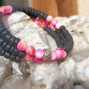 Bracelet Nature (taille M/L), en perles de coco et jade rose : “Amour”