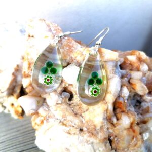 Boucles gouttes d’eau  Argent – Verre soufflé de Murano  vert et rouge – « Dame Nature »