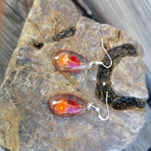 Boucles gouttes d’eau  Argent – Verre soufflé de Murano  orange et rouge – « Printemps »