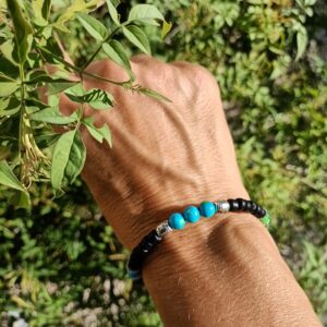 Bracelet Nature (taille M/L) coco noire et jaspe océan bleu vert, avec pampille arbre de vie inox