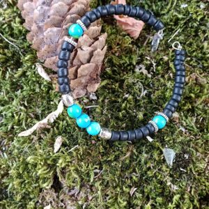 Bracelet Nature (taille M/L) coco noire et jaspe océan bleu vert, avec pampille arbre de vie inox