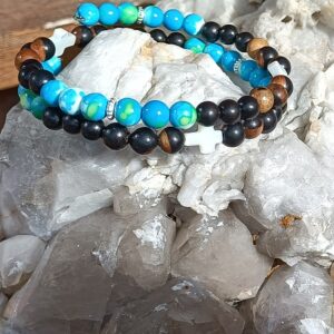 Bracelet (taille M/L) Ebène – Jaspe Océan bleu/vert- Nacre – “Sherbrooke 2”