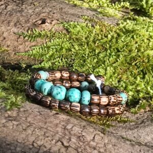 Bracelet deux tours, en palmier Hagal et turquoise africaine