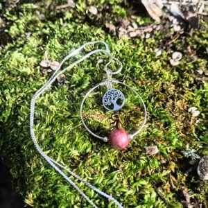 Collier en argent 925 sterling de 40 cm, et pierre de thulite AA+, pampille arbre de vie inox