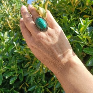 Bague réglable, alliage bronze et malachite AAA+