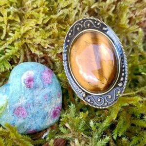 Bague réglable, alliage bronze, oeil de tigre AAA+