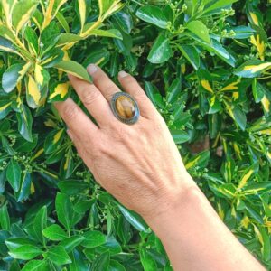 Bague réglable, alliage bronze, oeil de tigre AAA+