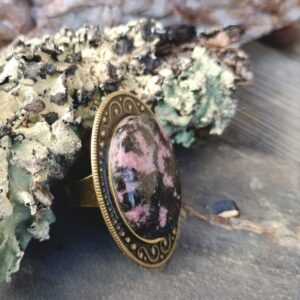 Bague réglable, alliage bronze, rhodonite AAA+