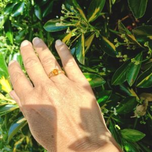 Bague réglable, cuivre plaquée or, ambre baltique