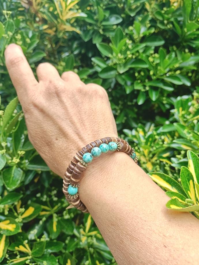 Bracelet double en noix de coco et turquoise africaine AAA+ – Image 2