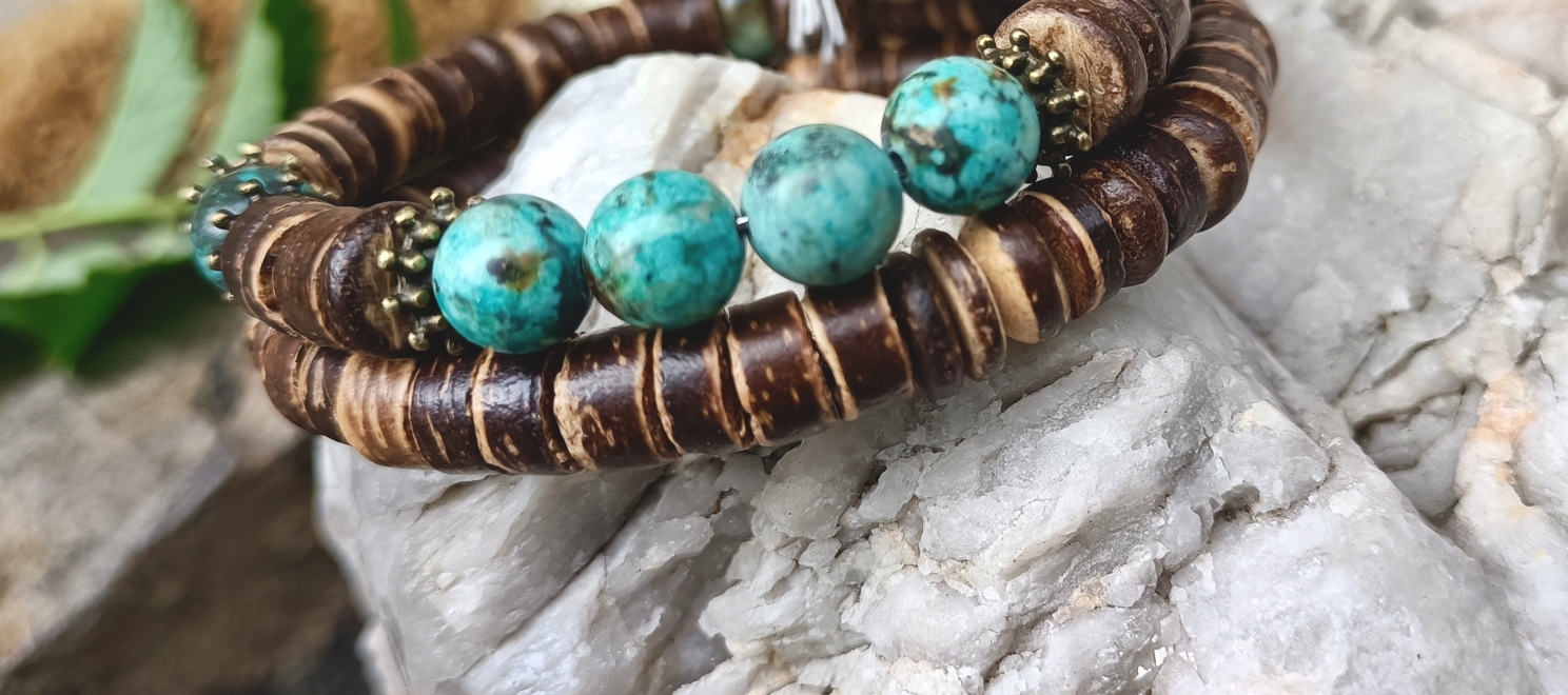 Bracelet double en noix de coco et turquoise africaine AAA+ – Image 3