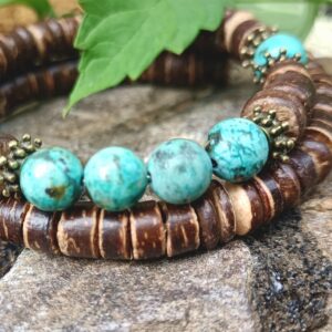 Bracelet double en noix de coco et turquoise africaine AAA+