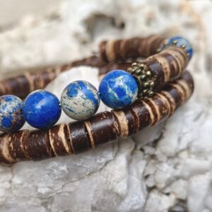 Bracelet double tours, noix de coco et jaspe impérial