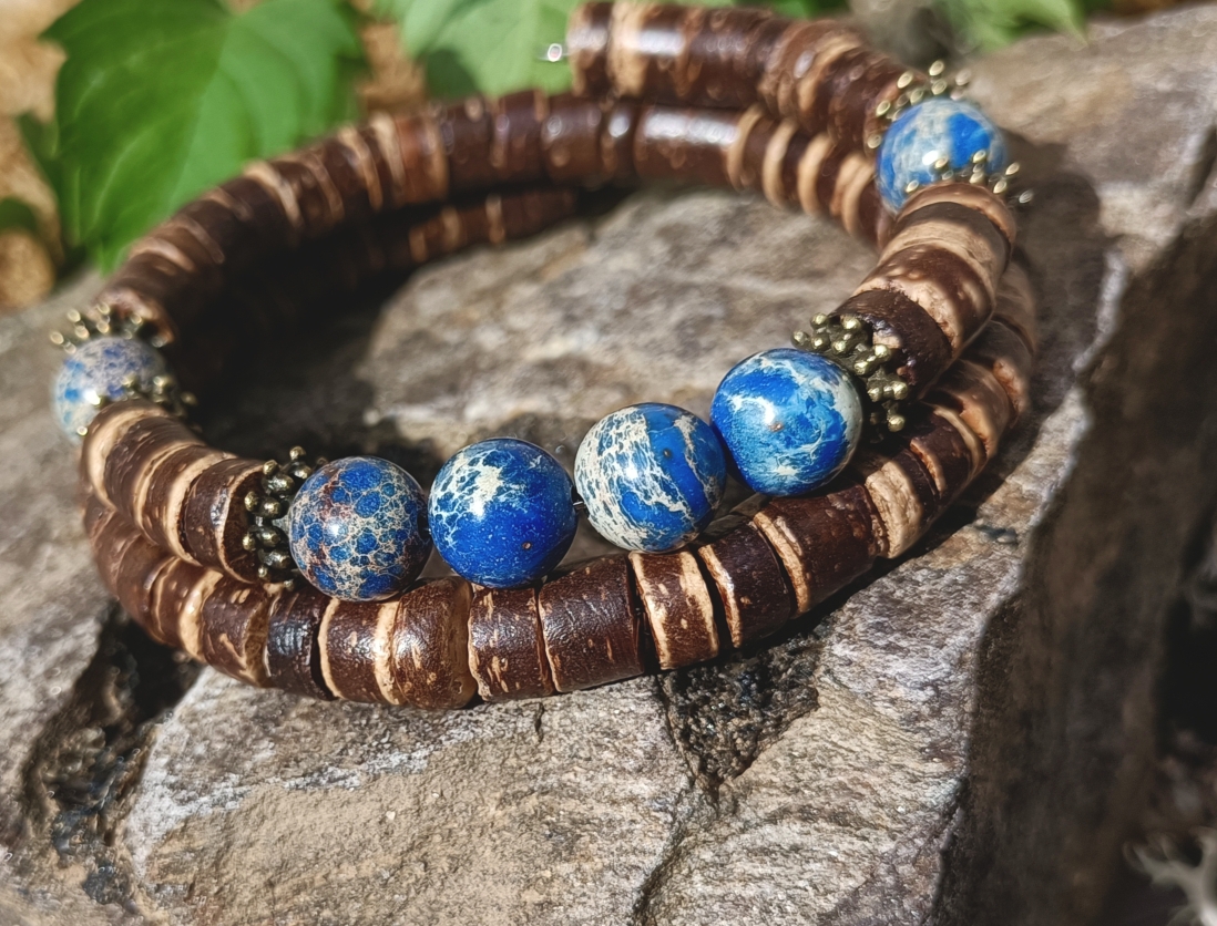 Bracelet double tours, noix de coco et jaspe impérial – Image 3