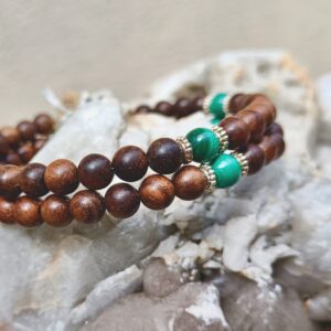 Bracelet deux tours en palissandre, argent et malachite AA+