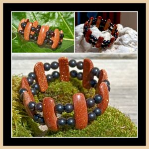 Bracelet double, en ébène et pierre de soleil synthèse – 16 cm