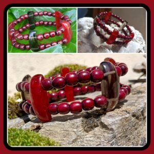 Bracelet bois santal indien, cornaline, quartz fumé – 17 cm