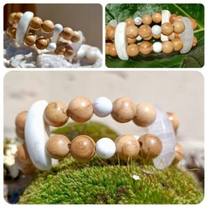 Bracelet double en olivier, howlite et quartz rose – 16 cm