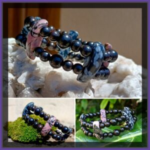 Bracelet double ébène, rhodonite, obsidienne mouchetée 18 cm