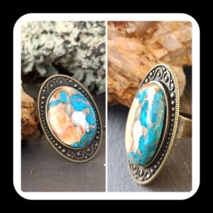 Bague réglable, alliage bronze, turquoise huitre épineuse bleue AAA+