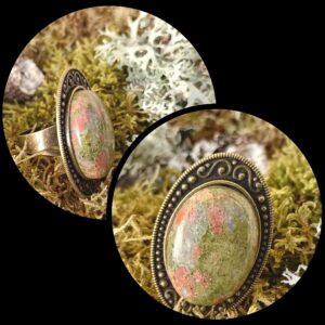 Bague réglable, alliage bronze, unakite AAA+