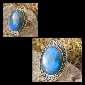 Bague réglable, alliage bronze, labradorite AAA+