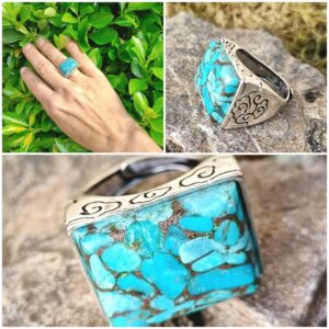 Bague mixte, réglable, cuivre plaqué argent, turquoise mohave AAA