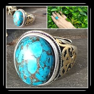 Bague réglable, mixte, cuivre plaqué argent, turquoise mohave AAA