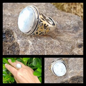 Bague cuivre plaqué argent, pierre de lune arc en ciel