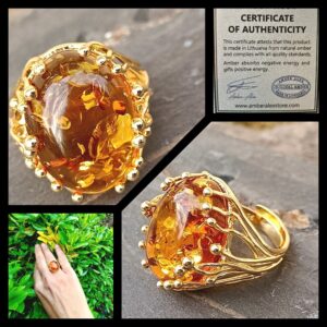 Bague cuivre plaqué or, ambre baltique (certifié)